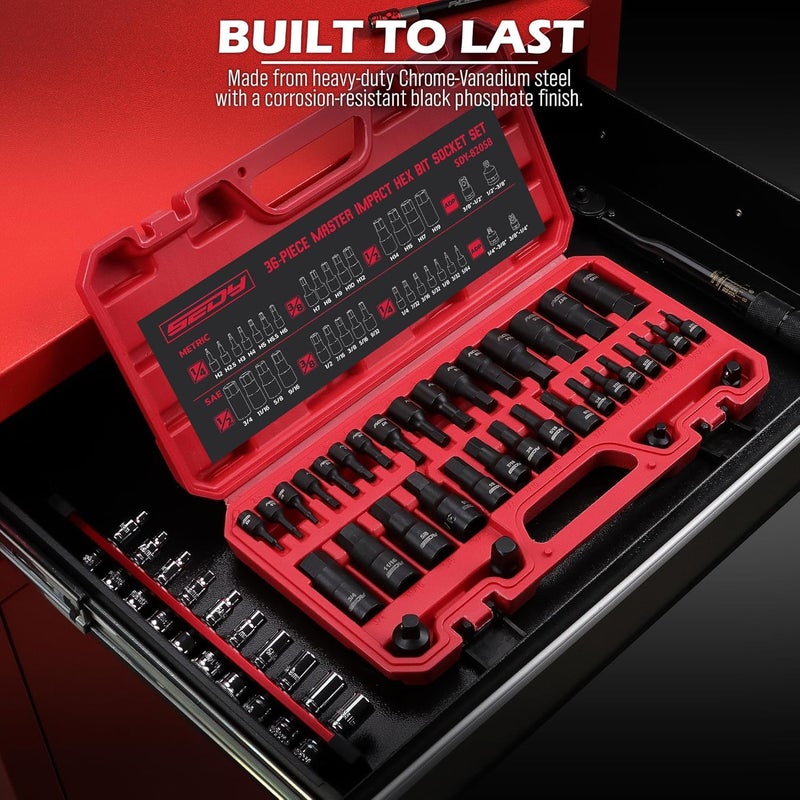 SEDY Hex Bit Impact Socket Set: 36-Piece with 4 Adapters, 1/4" 3/8" 1/2" Drive Master Allen Impact Socket Set, SAE and Metric, H5-H19 & 3/4"-5/64", Heavy Duty Storage Case, Automotive Mechanic - Image 3